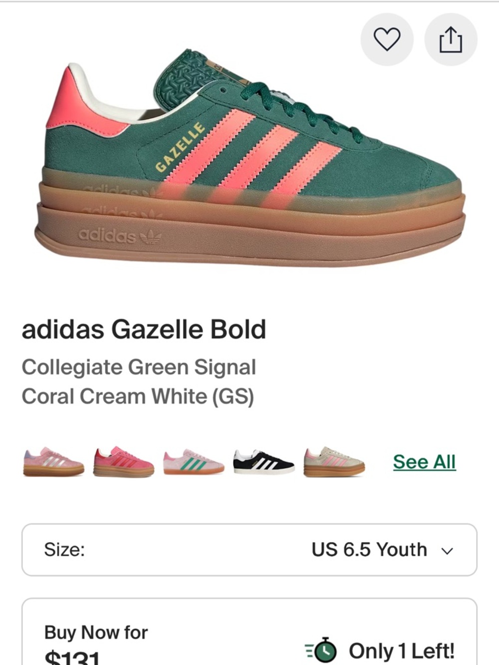 adidas Gazelle Bold Kids Sneakers - Collegiate Green & Coral 6.5Y